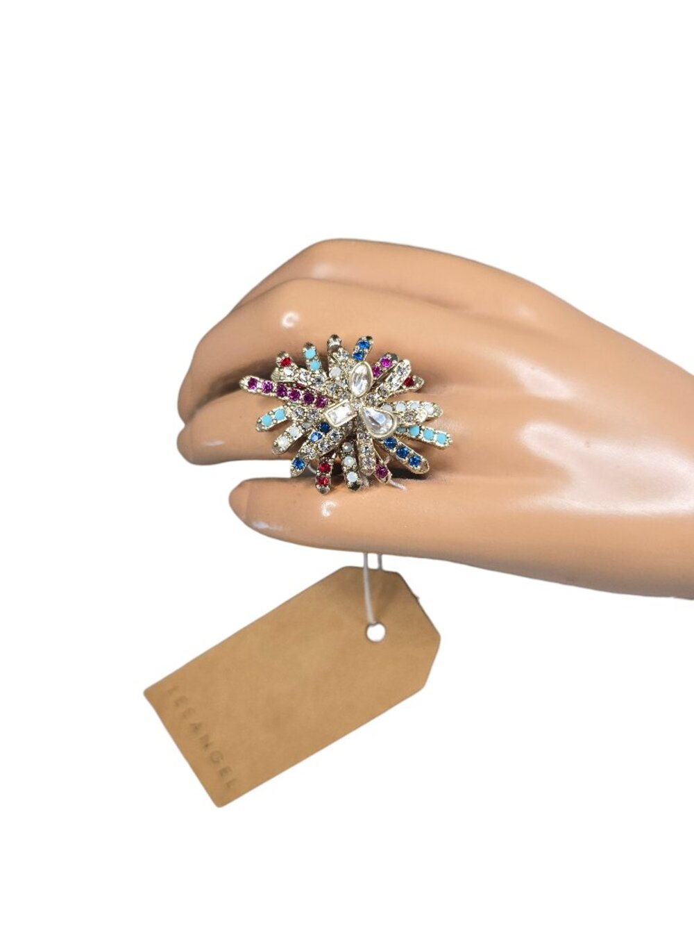 Lee Angel Women's Gold Tone Multi Color Crystal Statement Ring Size 7